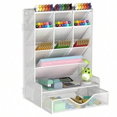 Organizer For Desk, MultiFunctional Desk Organizer, Wall Mount Pen Holder With Drawer For School, Office, Home, Art Supplies, White