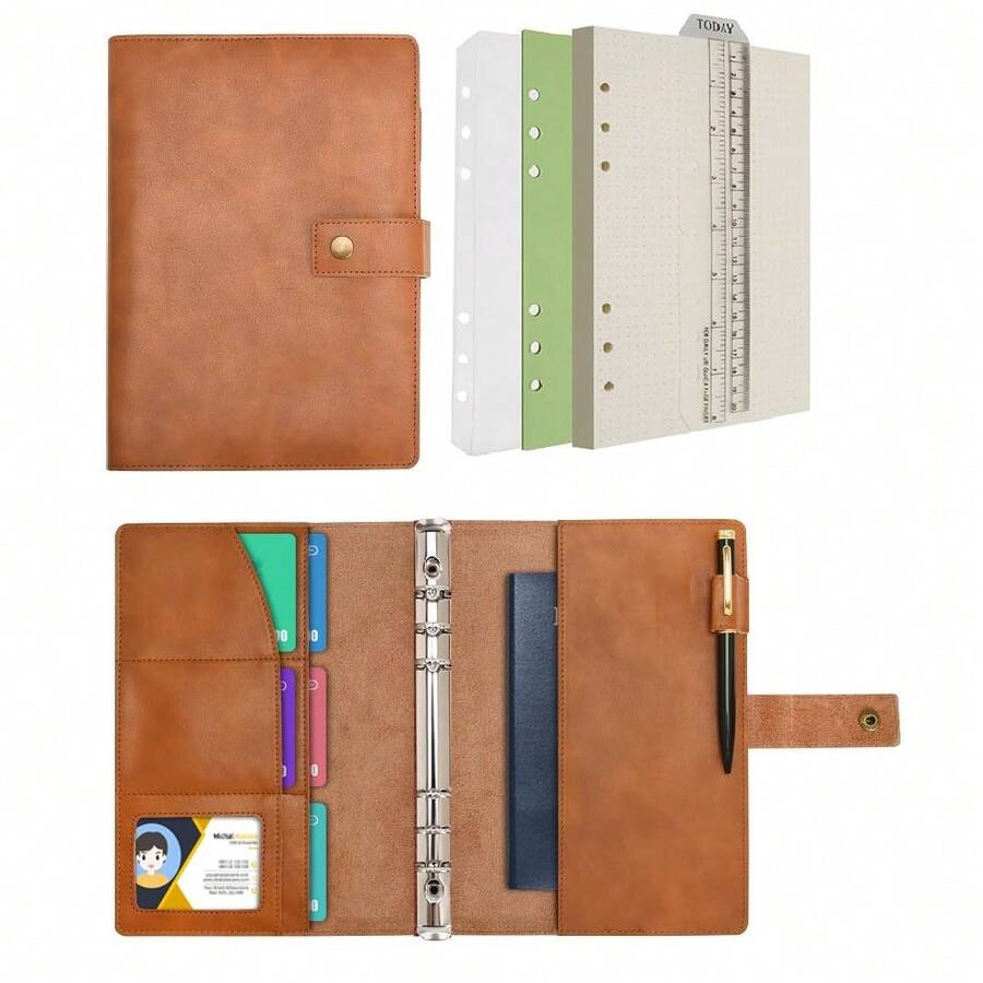Leather Journal Refillable Notebook Spiral Diary Binder Portfolio - A5 Dotted Paper & Inner Pockets For Travel Work And Personal Organizer (Brown, A5) - 棕色 - 查看 1
