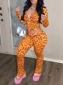 LovelyWholesale Women's Cute Hooded Long Sleeve Letter & Leopard Print Zip-Up Jacket And Flare Pants Set, Spring Break Outfit, Summer Vacation Wear - Orange - View 1