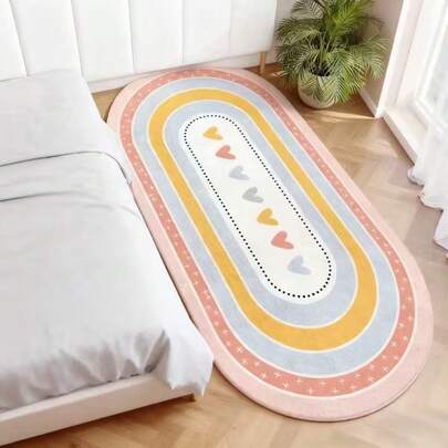 1件椭圆形多色条纹心形图案装饰地毯，卧室装饰，小地毯，地毯，家居装饰，客厅地毯，卧室地毯，可水洗地毯
