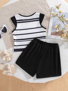 2pcs Girls Casual Striped Heart Print Sleeveless Top And Shorts Set, Summer - Black - View 2