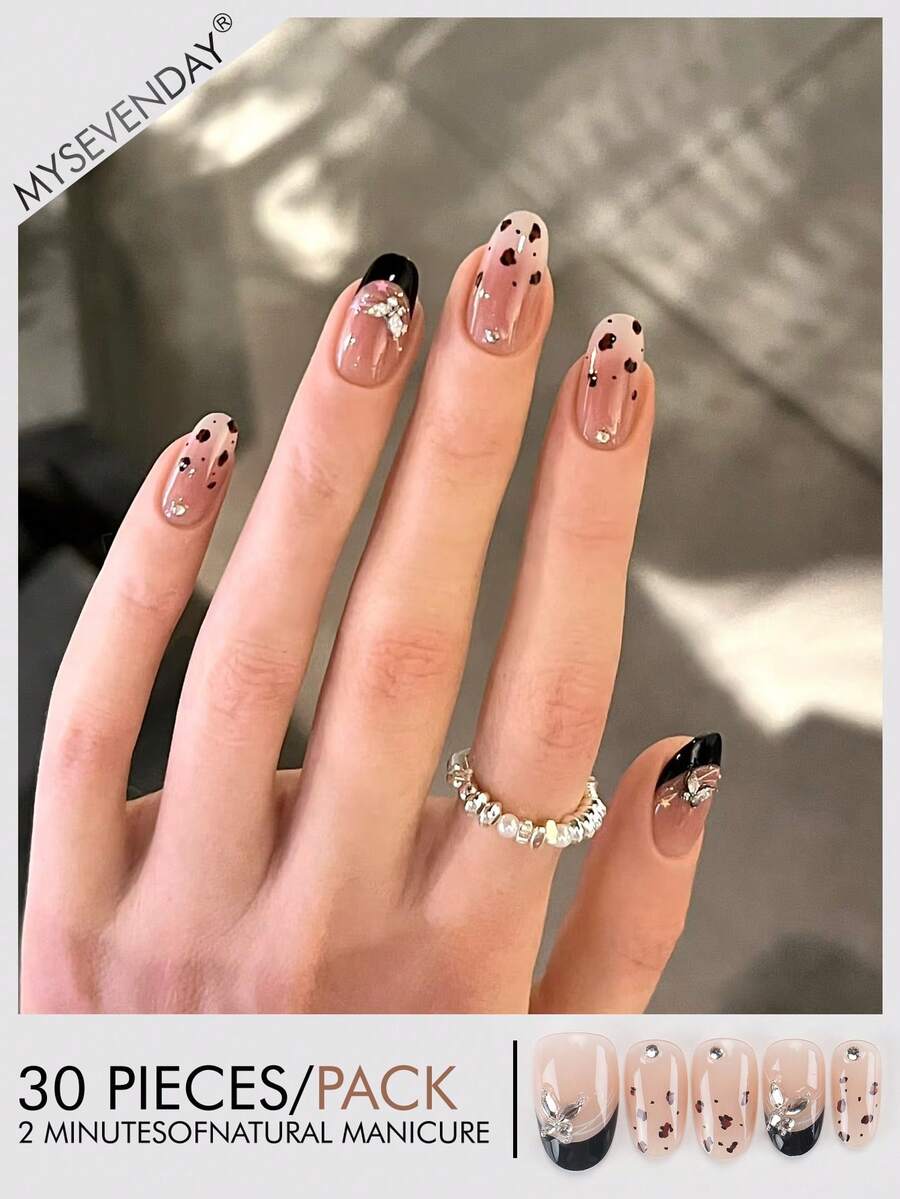 30片杏仁形/法式豹纹美甲贴纸，饰有3D蝴蝶水钻，配有果冻胶和粘合条，适合美甲，可重复使用，提升日常美甲的优雅气质。 - 彩色 - 查看 1