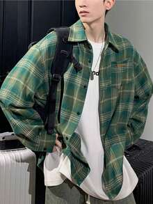 Mens Shirts,Men's Retro Color-Blocked Plaid Long-Sleeved Shirt, Versatile Loose-Fitting Shirt Jacket For Spring And Autumn - màu xanh lá - Xem 2