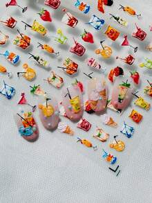 1 Sheet Fresh And Vibrant Food & Beverage Themed Nail Art Stickers, Featuring Various Drinks, Ice Cream, Strawberry, Sushi And Other Cute Food Elements, Bright And Refreshing Summer Vibe, Suitable For Personal DIY And Nail Decoration