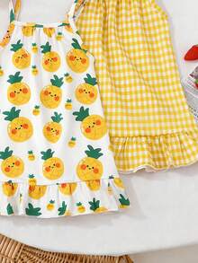 2pcs/Set Toddler Girl Fashionable Casual Red Plaid Cartoon Strawberry Print Sleeveless Dress Suitable For Party, Holiday, Leisure, Outing, Home Wear, Summer - Yellow - View 6