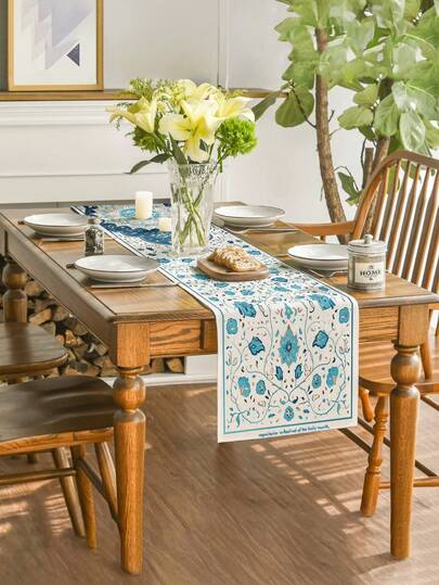 1 pieza Tapete de mesa de estilo artístico vintage azul y blanco con textura exótica, paño decorativo para mesa de comedor, decoración del hogar, decoración navideña, regalo, mantel rectangular, decoración de mesa, decoración de superficie, tapete de mesa de gran tamaño, bufanda para repisa de chimenea, decoración de marco de puerta y ventana, material similar al lino. Adecuado para reuniones en el hogar, interior, exterior, entrada, mesa de café, sala de estar, comedor de cocina. Lavable a máquina