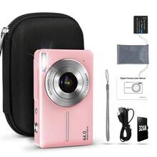 STUOGYUM DC403 Digitalkamera, 44MP, Autofokus, 16x digitaler Zoom, Full HD 1080P Video, Bildstabilisierung, kompakt & tragbar, inklusive 32GB Speicherkarte, 700mAh Akku und Kameratasche. Ideal für Einsteiger in Fotografie und Videografie (Pink, Grün, Schwarz) - Kamera + 32G TF-Karte + Kameratasche - Übersicht 2