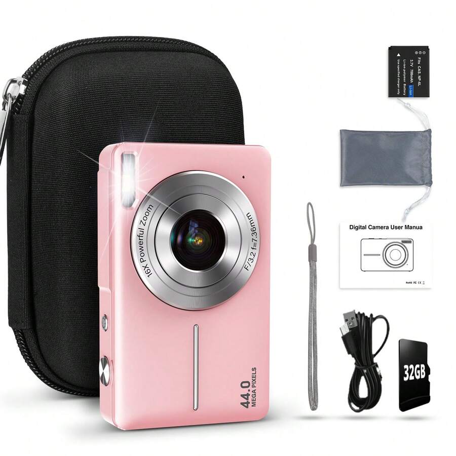 STUOGYUM DC403 Digitalkamera, 44MP, Autofokus, 16x digitaler Zoom, Full HD 1080P Video, Bildstabilisierung, kompakt & tragbar, inklusive 32GB Speicherkarte, 700mAh Akku und Kameratasche. Ideal für Einsteiger in Fotografie und Videografie (Pink, Grün, Schwarz)