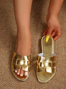 Wide Fit Korean Style Casual Flat Sandals For Women, Summer Open Toe Woven Roman Sandals, New Autumn Fashion Flat Sandals For Women To Match Skirts - Gold - View 3