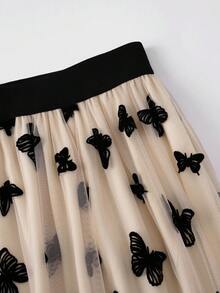 EARO Women's Long Butterfly Print Mesh A-Line Skirt, Flowing Fabric, High Waist - Apricot - View 4