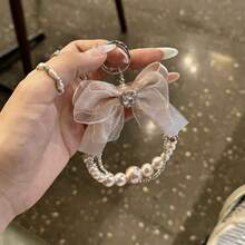 Korean Ins Style Rhinestone Heart, Mesh Bow Beaded Phone Strap, Sweet & Delicate High-Quality Bag Charm - Multicolor - View 3