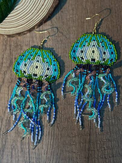 AHAYA 创意水母造型串珠流苏耳环，波西米亚动物串珠彩色渐变玻璃珠首饰，可爱垂坠式米珠耳环（女士款）