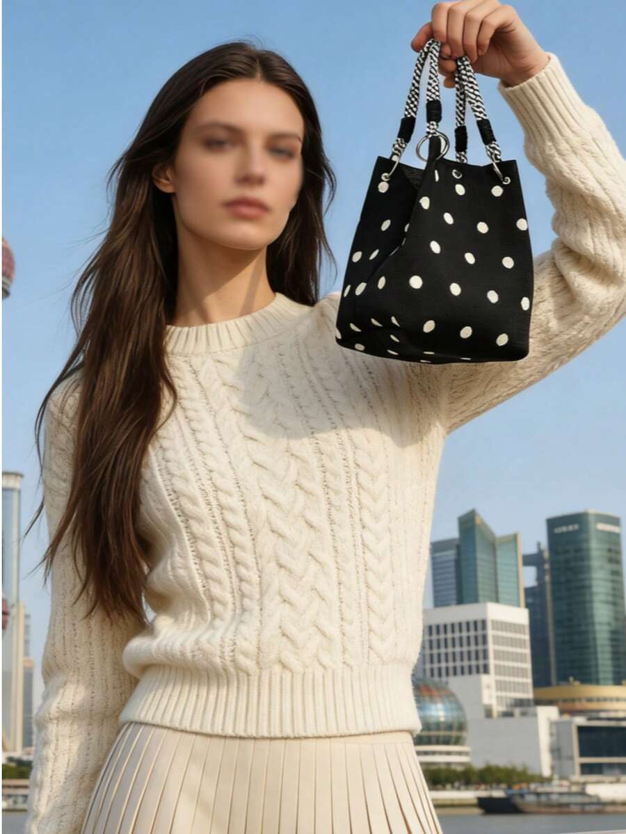 大容量女士波点时尚手提包，甜美女士托特包，黑色手持化妆包、手机包及其他物品收纳包，适合通勤、购物、办公、旅行和个性化编织包