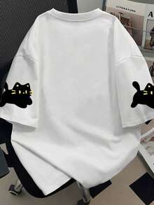 大码女式猫咪印花圆领T恤，适合夏季度假、新年礼物、情人节礼物、日常穿着、外出、节日、海滩、派对、生日、聚会、学校、音乐节、度假、通勤、健身、婚礼等场合，可作外套穿着，白色 - 白色 - 查看 2