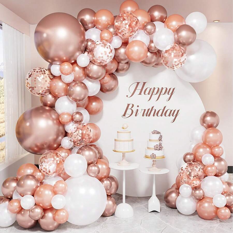 134 Stücke Rose Gold Ballon Girlande Bogen Set, 18/10/5 Zoll mehrfarbige Metallic Rose Gold und Weiße Ballons & Konfetti Ballons für Bridal-Shower, Rentnerpartys, Hochzeitshintergrund, Babypartys - Verschiedenfarbig - Übersicht 1