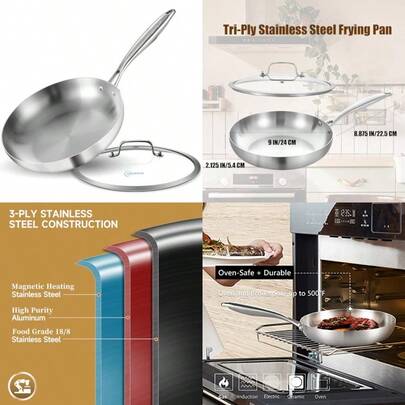 24 CM Tri-Ply Stainless Steel Frying Pan With LidRiveted Ergonomic Handle Compatible With Induction Stove Even Heating And Oven