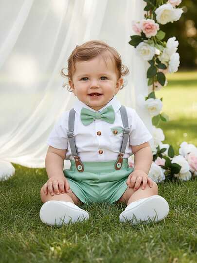 BOARNSEORL Bộ quần áo lịch lãm 2 món cho bé trai - Áo sơ mi trắng tay ngắn kèm nơ và quần đùi yếm, thời trang và phong cách cho tiệc tùng, sinh nhật, lễ rửa tội, dã ngoại và các sự kiện.