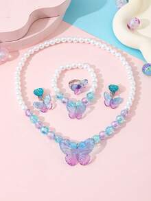 Bộ trang sức 5 món hình bướm và ngọc trai dành cho bé gái, gồm dây chuyền, vòng tay, bông tai và nhẫn, thích hợp để đeo hàng ngày, dự tiệc hoặc làm quà sinh nhật. - Nhiều màu - Xem 1