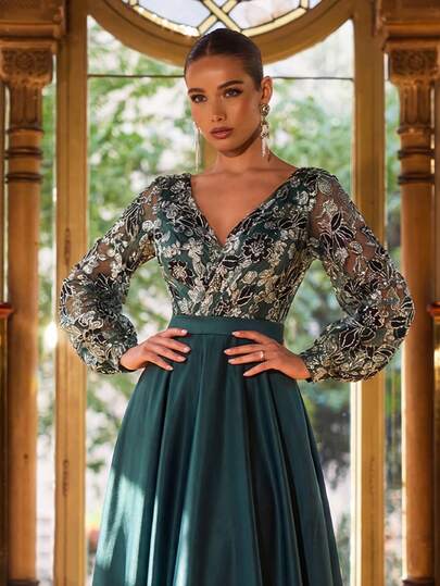 Faeriesty Woemn Elegant Deep Green V-Neck Long Lantern Sleeve Maxi Party Dress - Sleeves And Chest Decorated With Shiny Beads, Fluffy Skirt Made Of Shiny Satin Fabric, Fitted Silhouette | Suitable For Beach Parties, Winter Holiday Events (New Year's Eve), Formal Galas, And Romantic Photoshoots | Pair With Thin Strap High Heels, Delicate Jewelry, And A Clutch Bag To Exude Graceful Elegance,Valentine's Day,New Year's Eve