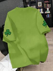 Camiseta de cuello redondo de manga corta con estampado de trébol de cuatro hojas de estilo casual para el Día de San Patricio, nueva ropa de primavera/verano para niñas - Verde - Ver 4