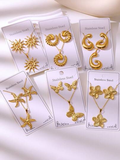 VJS 1 Set de Aretes y Collar de Acero Inoxidable 304 con Diseños Asimétricos de Girasol/Estrella de Mar/Mariposa, Accesorios de Lujo Versátiles, Adecuados para Uso Diario y Regalos de Vacaciones