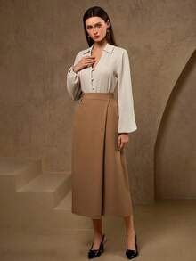 优雅米色长袖纽扣衬衫，适合春季正式场合、办公室、外出等场合穿着，优雅女士衬衫 - 麻色 - 查看 8