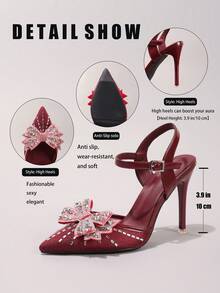 时尚水钻蝴蝶结高跟鞋，性感尖头晚宴派对鞋，精致宴会舞会细高跟鞋，酒红色 - 酒紅色 - 查看 3