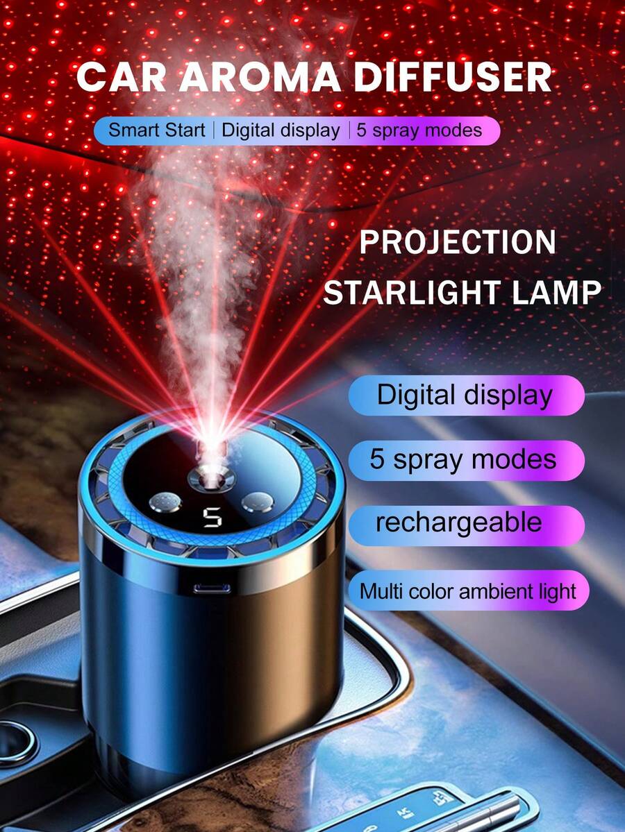 一套高级黑色车载加湿器和精油香薰机，包含6种精油，产生细腻水雾，持久留香，采用USB供电超声波雾化技术，内置LED氛围灯。小巧便携，是理想的礼物之选。 - A - 查看 1