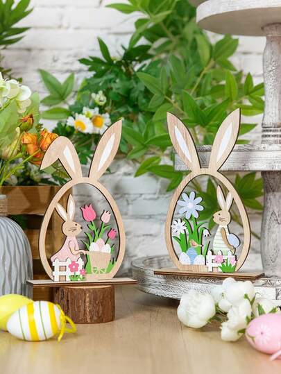 2pcs Easter Bunny Party Decorations, Wooden Craft Bunny Openwork Ornaments, Easter Bunny Symbol With Colorful Eggs, Spring Easter Bunny Symbol, Easter Party Decoration, Spring Home Decor, Dining Table Decor, Unique Easter Gift, Home And Room Decor, Ideal Easter Gift For Family And Friends