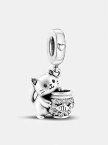 1颗925纯银猫鱼缸吊坠珠，适合女士手链、手镯DIY饰品制作及日常佩戴，适合女孩佩戴。 - 貓咪和魚缸 - 查看 1