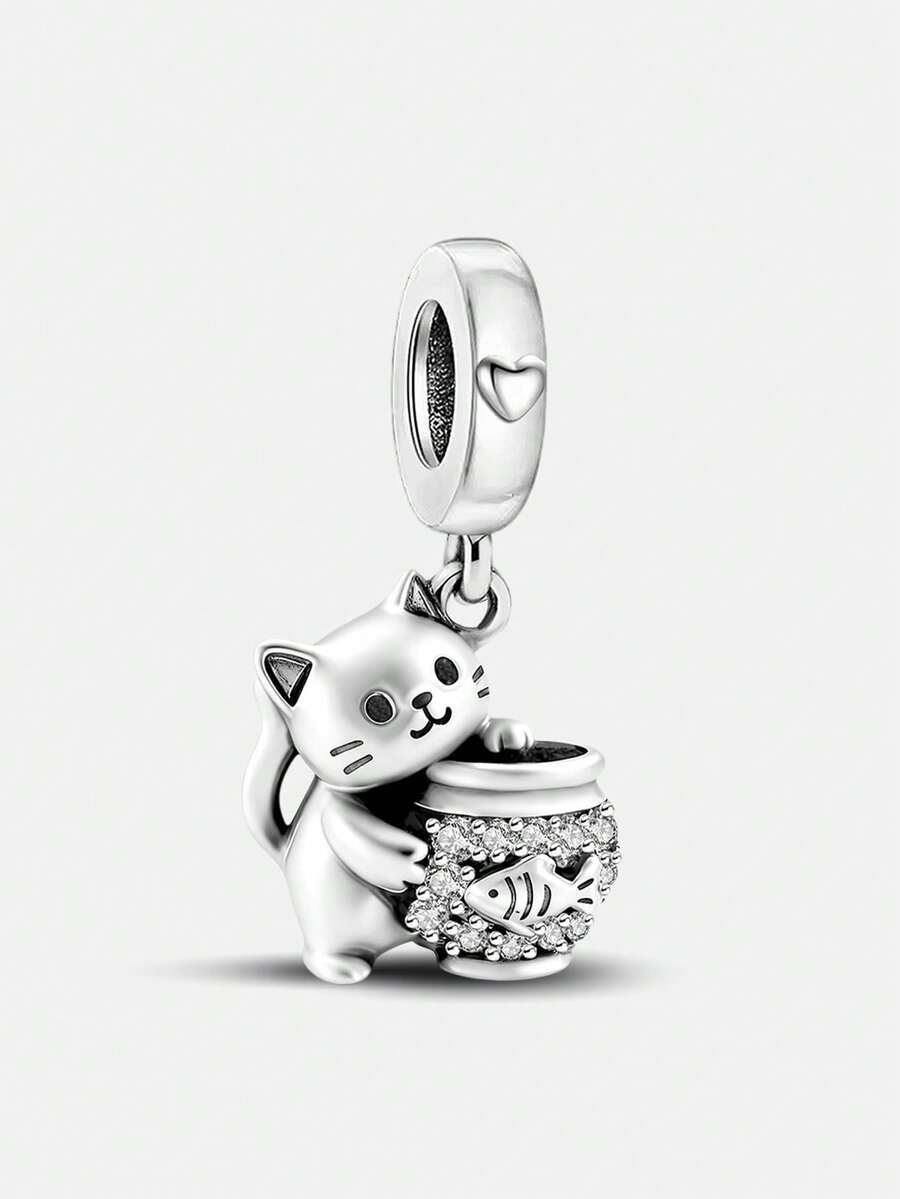 1颗925纯银猫鱼缸吊坠珠，适合女士手链、手镯DIY饰品制作及日常佩戴，适合女孩佩戴。 - 貓咪和魚缸 - 查看 1