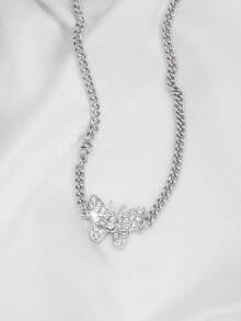 1件复古百搭优雅宫廷风田园简约低饱和度蝴蝶吊坠项链 - 銀色 - 查看 5