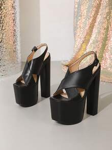 18厘米高跟优雅露趾踝带凉鞋，经典欧式粗跟，舒适百搭，适合跳舞、派对、夜店、宴会等场合，尺码35-42，厚底高跟，春夏穿搭 - 黑色 - 查看 2