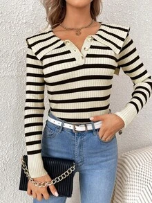 Women's Vintage Striped Long Sleeve Slim Fit Colorblock Front Button Slimming Sweater, Autumn - Apricot - View 5