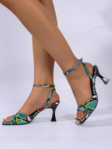 女士方头高跟凉鞋，夏季露跟系带露趾优雅高跟鞋，性感户外装 - 綠蟒 - 查看 4