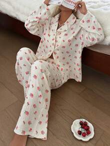 Nina Bonheur 2pcs Women Loose Comfortable Breathable Long Sleeve Top + Long Pants Pajama Set, Cute Homewear - Beige - View 1