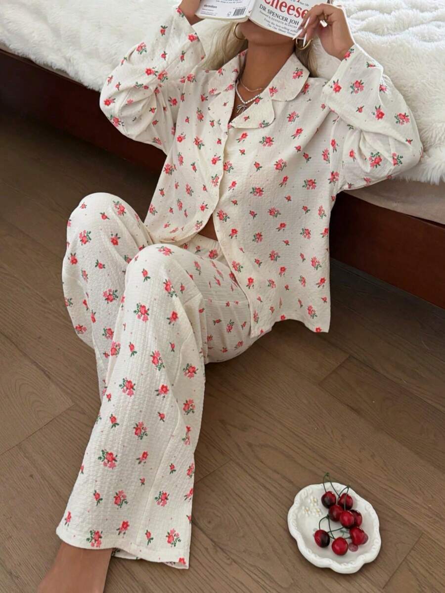 Nina Bonheur 2pcs Women Loose Comfortable Breathable Long Sleeve Top + Long Pants Pajama Set, Cute Homewear - Beige - View 1