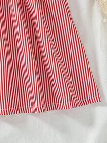 女婴情人节夏季新款荷叶边领草莓刺绣蝴蝶结条纹泡泡袖连衣裙 - 紅白色 - 查看 4