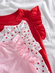 少女情人节休闲短袖上衣，心形印花三件套 - 紅色 - 查看 9