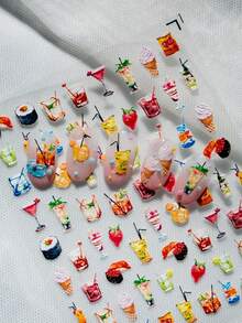 1 Sheet Fresh And Vibrant Food & Beverage Themed Nail Art Stickers, Featuring Various Drinks, Ice Cream, Strawberry, Sushi And Other Cute Food Elements, Bright And Refreshing Summer Vibe, Suitable For Personal DIY And Nail Decoration