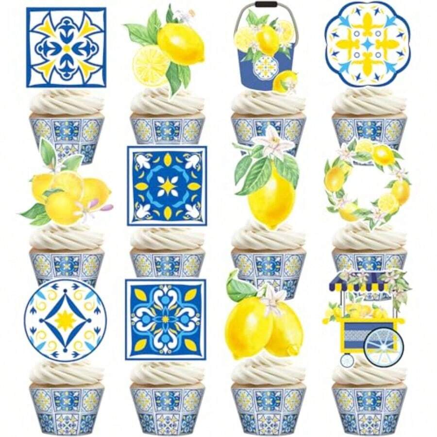 D24 PCS Capri Lemon Cake Cupcake Toppers Blue Tiles Yellow Lemon ...
