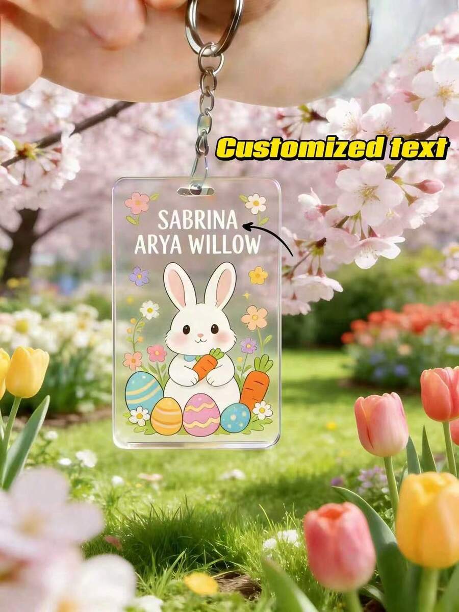 Personalized Easter Acrylic Keychain Custom Name Text Message Key Ring Cute Bunny Egg Daisy Carrot Charm Easter Gift For Family Friends Couple Holiday Party Favor Backpack Purse Pendant Decor