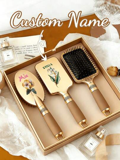 Peine personalizado y personalizado con patrón floral, texto/nombre personalizado, cepillo de pelo personalizado, cepillo de pelo desenredante personalizado, regalo de dama de honor personalizado, exquisito, elegante, vintage, único, adecuado para uso diario, viajes, viajes de negocios