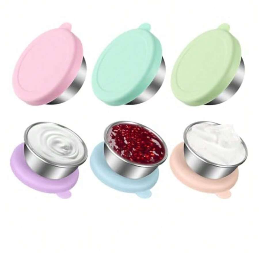 CYPN6 Piezas de Recipientes para Aderezos de Acero Inoxidable Tazas para Salsas Reutilizables con Tapa de Silicona Antifugas Juego de 6 Colores Cocina Ensaladas SalsasFashion - Multicolor - Ver 1