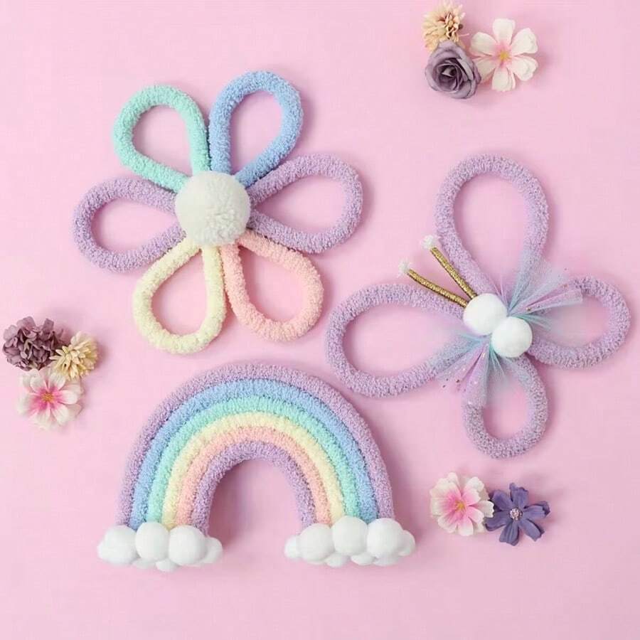 1pc/3pcs Handmade Woven Daisy, Rainbow, Butterfly Wall Decor, Kids Room Decoration, Boho Nordic Style! Lovely Wall Hanging Ornaments, Suitable For Living Room, Bedroom, Home Decor, Daily & Holiday Decoration, Commercial Atmosphere Props, Create A Cozy Space - Multicolor - View 1