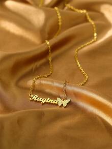 定制款白色锆石蝴蝶名字项链，不锈钢镀层字母吊坠项链，适合作为送给女性和女孩的礼物 - 款式4-金色 - 查看 8