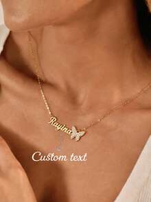 定制款白色锆石蝴蝶名字项链，不锈钢镀层字母吊坠项链，适合作为送给女性和女孩的礼物 - 款式4-金色 - 查看 1
