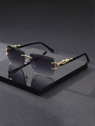 1 Pair Frameless Leopard Print Decorative Fashion Glasses, Gradient Gray Lenses, Black & Gold Leopard Print Metal Temples, Fashionable Unisex Everyday Eyewear