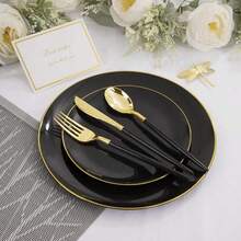 2/10/20/25/50pcs Black Rimmed Dinnerware Set, Black With Gold Rim Plates & Bowls, Suitable For Birthday, Party, Banquet, Dinner, Holiday Celebration, New Year Event, Catering - Black With Gold Trim - View 3