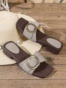 Women's Retro Wood Grain Slide Sandals, Sweet Buckle Beach Slippers For Summer Outdoor, Casual Non-Slip Flip Flops - Light Grey - View 3